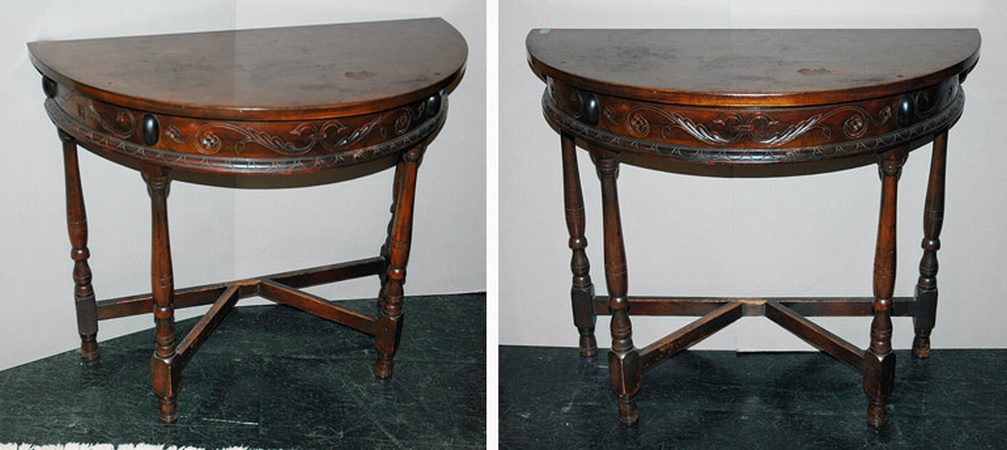Lot image - Pair of Georgian Style Fruitwood Demilune Consoles