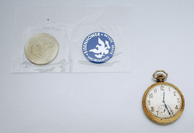 Lot image - Gold-Filled Openface Pocketwatch and Eisenhower $1 Coin