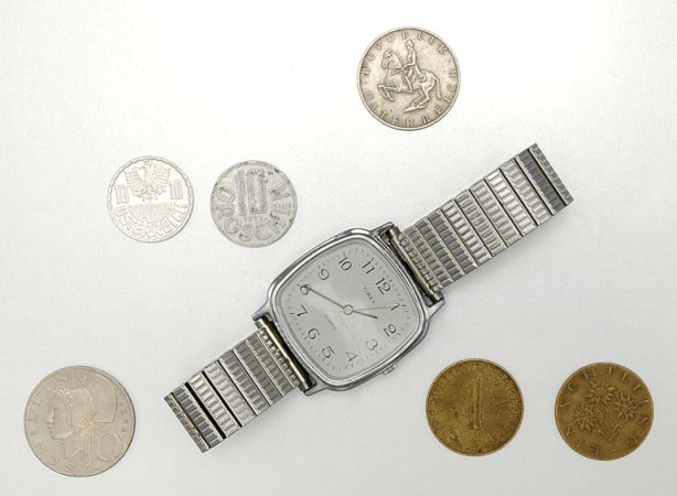 Lot image - Group of Assorted Coins and Metal Wristwatch