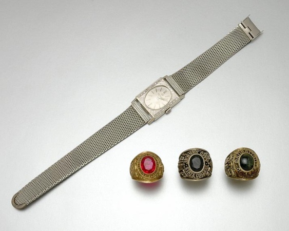 Lot image - White Gold, Metal and Diamond Wristwatch and Three School Rings