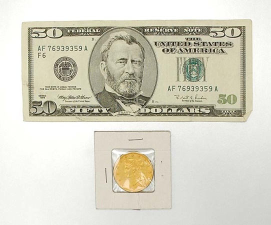 Lot image - U.S. $10 Gold Coin, U.S. $50 Bill