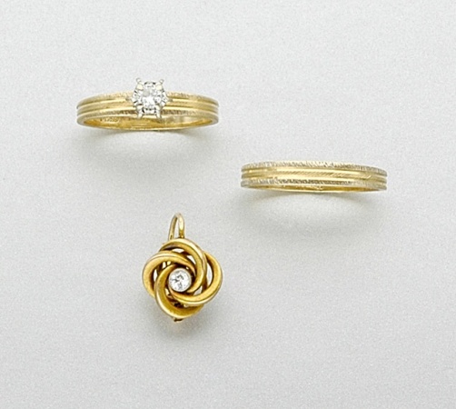 Lot image - Diamond Ring, Gold Band Ring and Single Gold and Diamond Earring