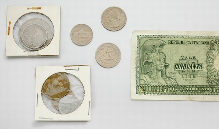 Lot image - Group of Assorted Coins, Foreign Currency and Pair of Glass Earrings