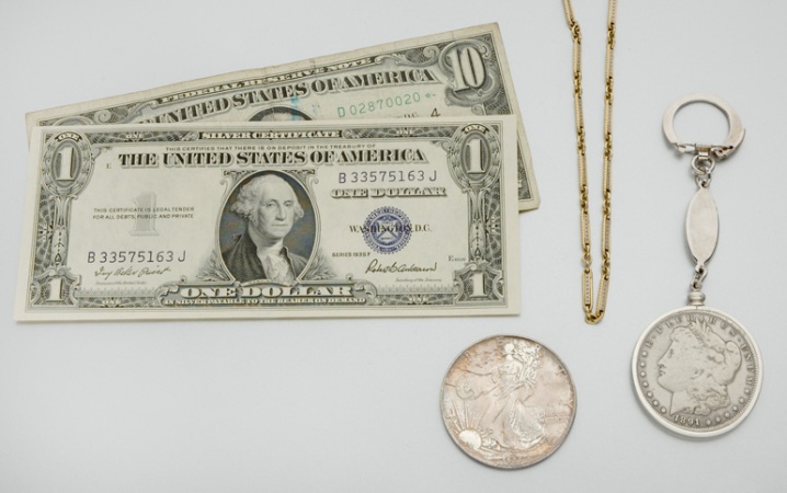 Lot image - Group of Assorted U.S. Currency and Watch Chain