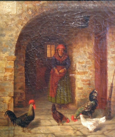Lot image - D. Chiesura Italian, 19th century WOMAN FEEDING FOWL, circa 1873