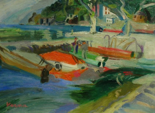 Lot image - Germaine Verna French, 1900-1975 DOCK SCENE WITH RED BOATS