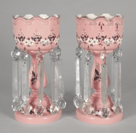 Lot image - Pair of Bohemian Enamel Decorated Pink Lustres