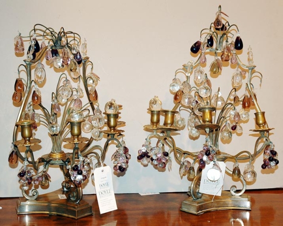 Lot image - Pair of Louis XV Style Bronze and Colorless and Amethyst Glass Four-Light Girandoles