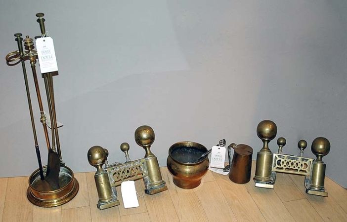 Lot image - Pair of Brass Andirons; Together with Group of Brass Fireplace Tools