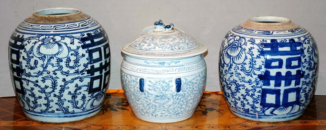 Lot image - Three Asian Blue and White Ceramic Jars
