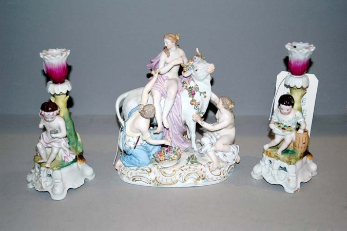 Lot image - Meissen Porcelain Figure of Europa and the Bull; Together with a Pair of German Porcelain Figural Candlesticks