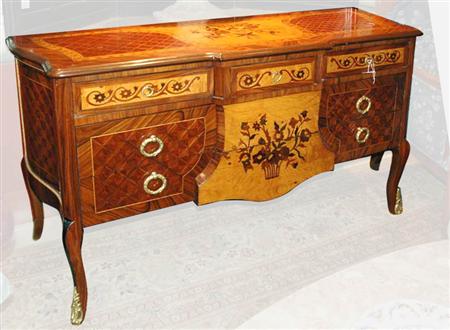 Lot image - Transitional Louis XV/XVI Style Marquetry and Parquetry Inlaid Walnut, Mahogany and Fruitwood Commode
