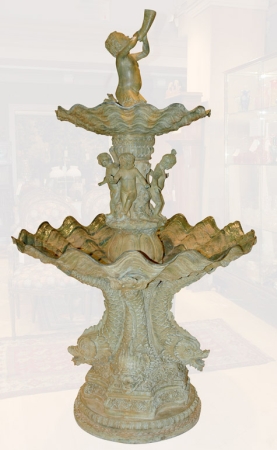 Lot image - Neoclassical Style Patinated-Metal Figural Decorated Two-Tier Fountain