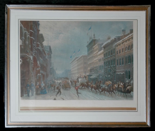 Lot image - After Hippolyte Sebron NEW YORK, WINTER SCENE IN BROADWAY Etching, engraving and aquatint by P. Girardet