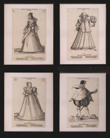 Lot image - Jost Amon [COSTUME STUDIES] Six woodcuts, circa 1586, from Theatrum Mulierum. Sight of each sheet approximat...