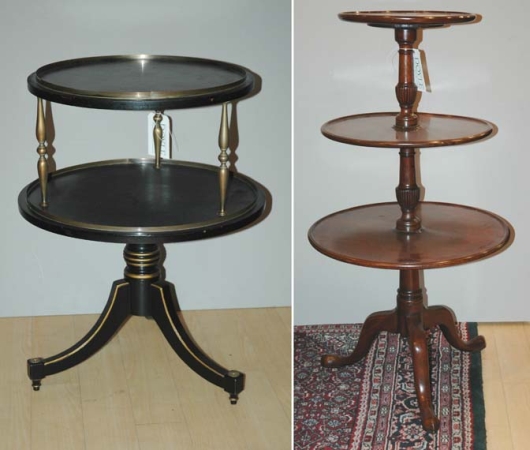 Lot image - Georgian Style Mahogany Three-Tier Dumbwaiter; Together with an Ebonized Two-Tier Dumbwaiter
