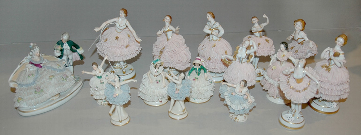 Lot image - Miscellaneous Group of Dresden Porcelain and Lace Figures
