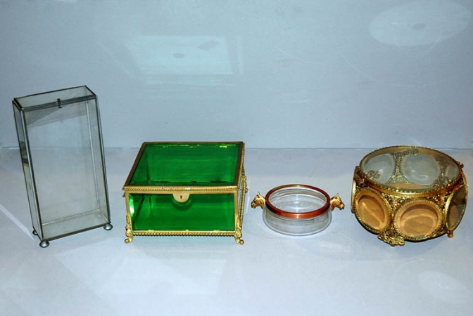 Lot image - Five Metal Mounted Glass Boxes; Together with Seven Metal-Mounted Glass Dessert Dishes