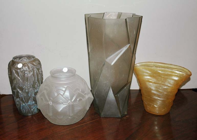Lot image - Three Consolidated-Phoenix Glass Vases; Together with a Lalique Style Glass Vase