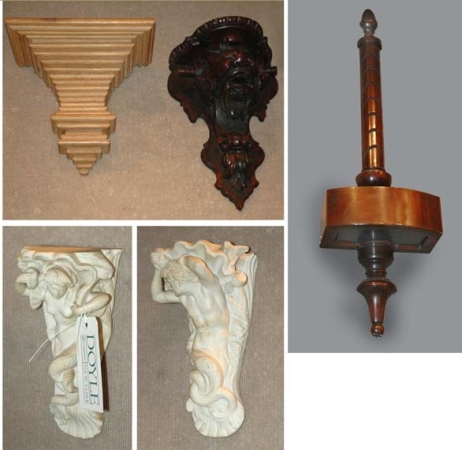 Lot image - Three Wood Wall Brackets; Together with a Pair of Marble Brackets