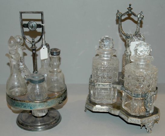 Lot image - Three Bottle Decanter Set in Silver Plated Stand; Together with a Five-Bottle Cruet Set in Silver Plated Stand