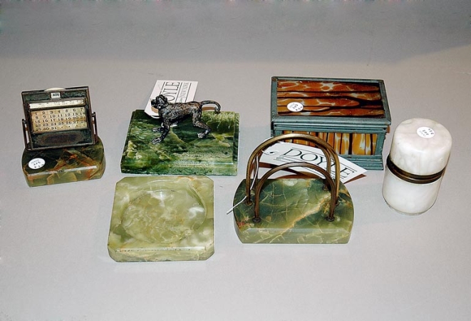 Lot image - Miscellaneous Group of Four Onyx Desk Articles; Together with a Marble Table Lighter and Metal-Mounted Glass Box