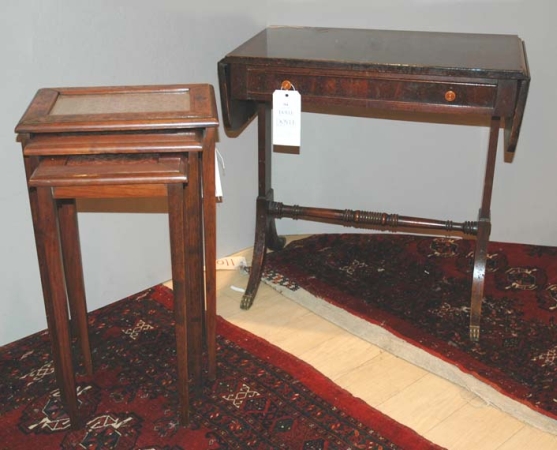 Lot image - Georgian Style Mahogany Diminutive Sofa Table; Together with Nest of Three Walnut Diminutive Tables