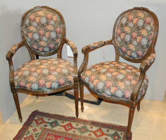 Lot image - Set of Six Louis XV Style Upholstered Walnut Armchairs