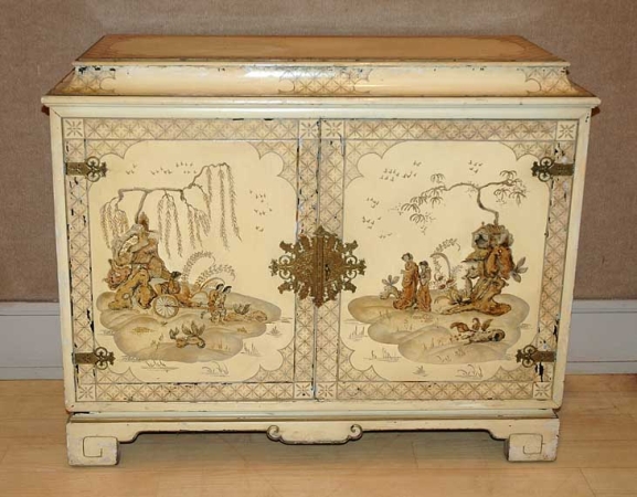 Lot image - Chinoiserie Decorated Painted Two-Door Side Cabinet