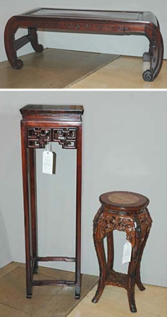 Lot image - Two Asian Hardwood Stands; Together with an Asian Hardwood Coffee Table