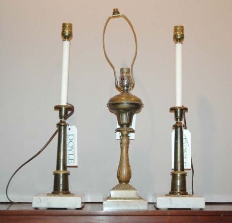 Lot image - Three Neoclassical Style Patinated-Metal and Marble Lamps
