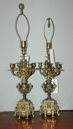 Lot image - Pair of Renaissance Revival Style Patinated-Metal Five-Light Candelabra