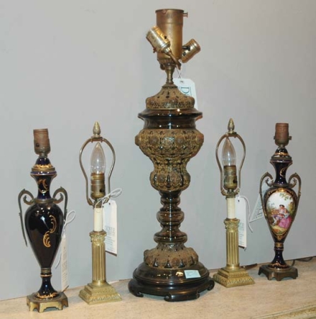 Lot image - Pair of Porcelain Vasiform Lamps; Together with a Pair of Brass Columnar Lamps and a Continental Metal and Glass Three-Light Lamp