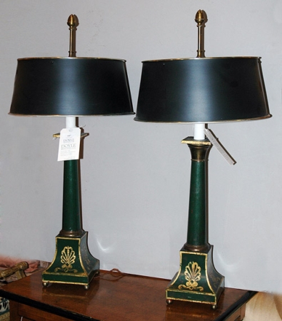 Lot image - Pair of Tole Lamps with Metal Shades