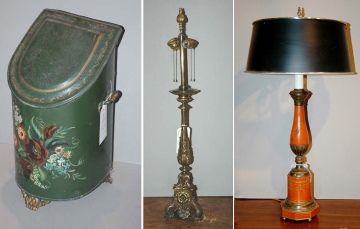 Lot image - Neoclassical Style Tole Lamp with Metal Shade; Together with a Victorian Style Tole Coal Bucket and Rococo Style Two-Light Lamp