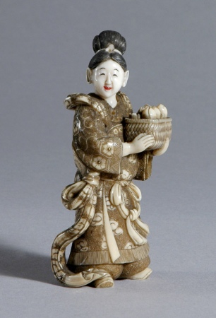 Lot image - Japanese Ivory Okimono of a Woman Carrying a Basket of Peaches