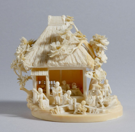 Lot image - Japanese Ivory Okimono of Figures Around a Hut