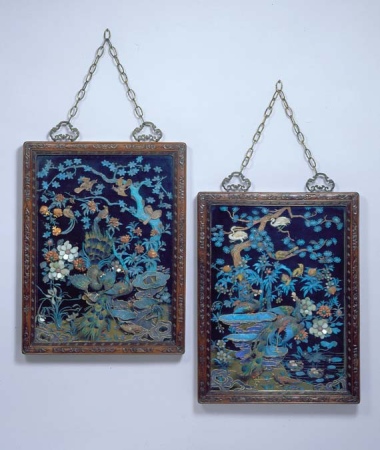 Lot image - Pair of Chinese Kingfisher Feather and Hardstone Wall Hangings