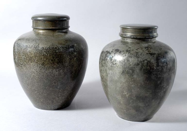 Lot image - Pair of Chinese Pewter Covered Vases