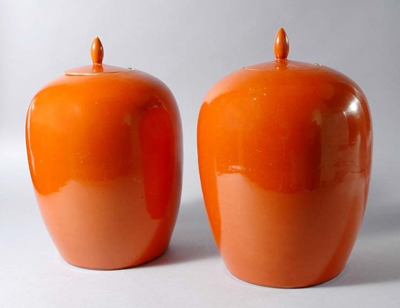 Lot image - Pair of Chinese Iron Red Enameled Porcelain Covered Vases