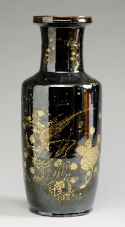 Lot image - Chinese Gilt and Black Glazed Porcelain Rouleau Vase