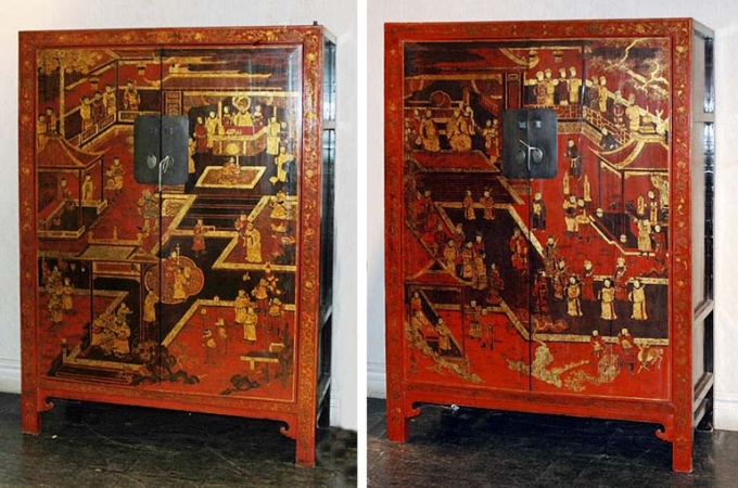 Lot image - Pair of Chinese Red, Gold and Black Lacquered Cabinets