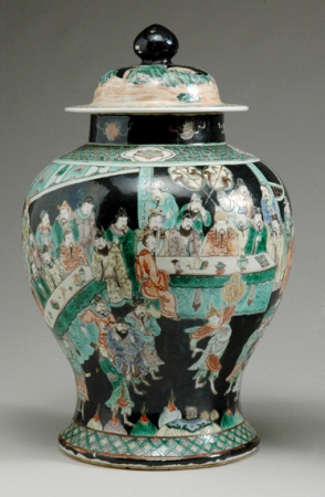 Lot image - Chinese Famille Verte Glazed Porcelain Covered Baluster Jar