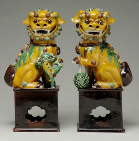 Lot image - Pair of Sancai Glazed Porcelain Foo Lions