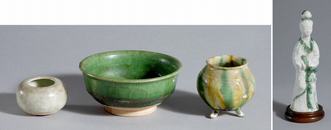 Lot image - Group of Chinese Glazed Pottery Articles   Tang Dynasty and later Comprising a green glazed bowl, sancai glazed footed jar...