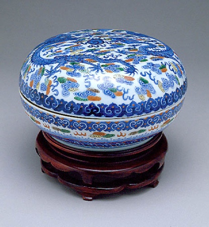 Lot image - Chinese Blue and White Glazed Enamel and Porcelain Covered Box
