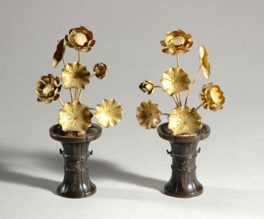 Lot image - Pair of Japanese Bronze Flowers in Vases