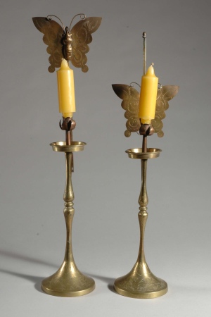 Lot image - Pair of Korean Brass Candlesticks