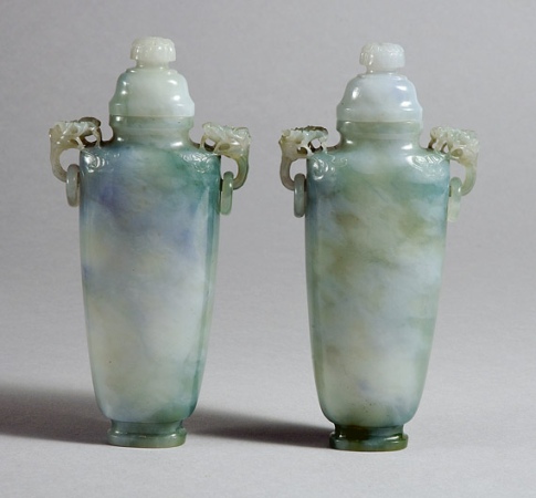 Lot image - Pair of Chinese Jade Covered Vases