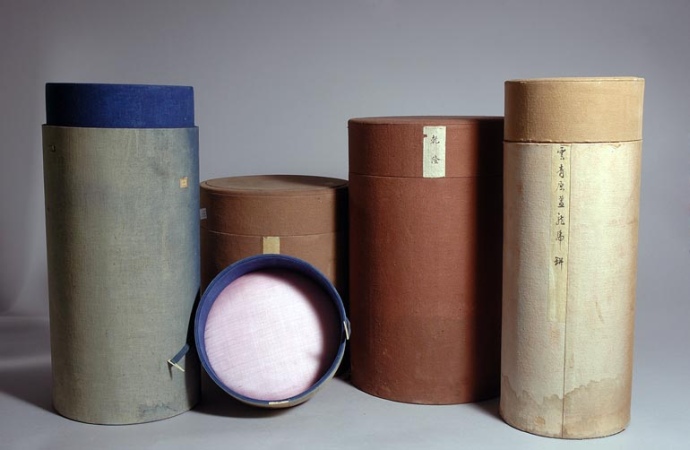 Lot image - Group of Four Chinese Cloth Covered Padded Silk Storage Boxes